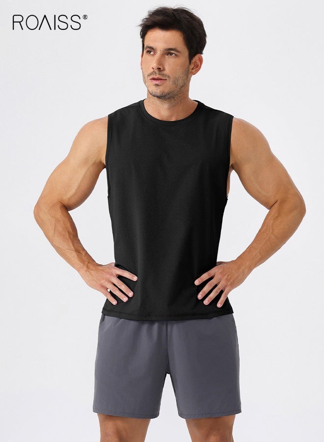 رويس تيشيرت رياضي رجالي بدون أكمام، فضفاض وسريع الجفاف، مصنوع من البوليستر المضاد للبكتيريا والممتص للرطوبة، مع حماية من الشمس بدرجة UPF 50+، ملابس رياضية ناعمة قابلة للتمدد وجيدة التهوية، مناسبة للصالة الرياضية والجري والتدريب والرياضات الصيفية، أسود - Image 3